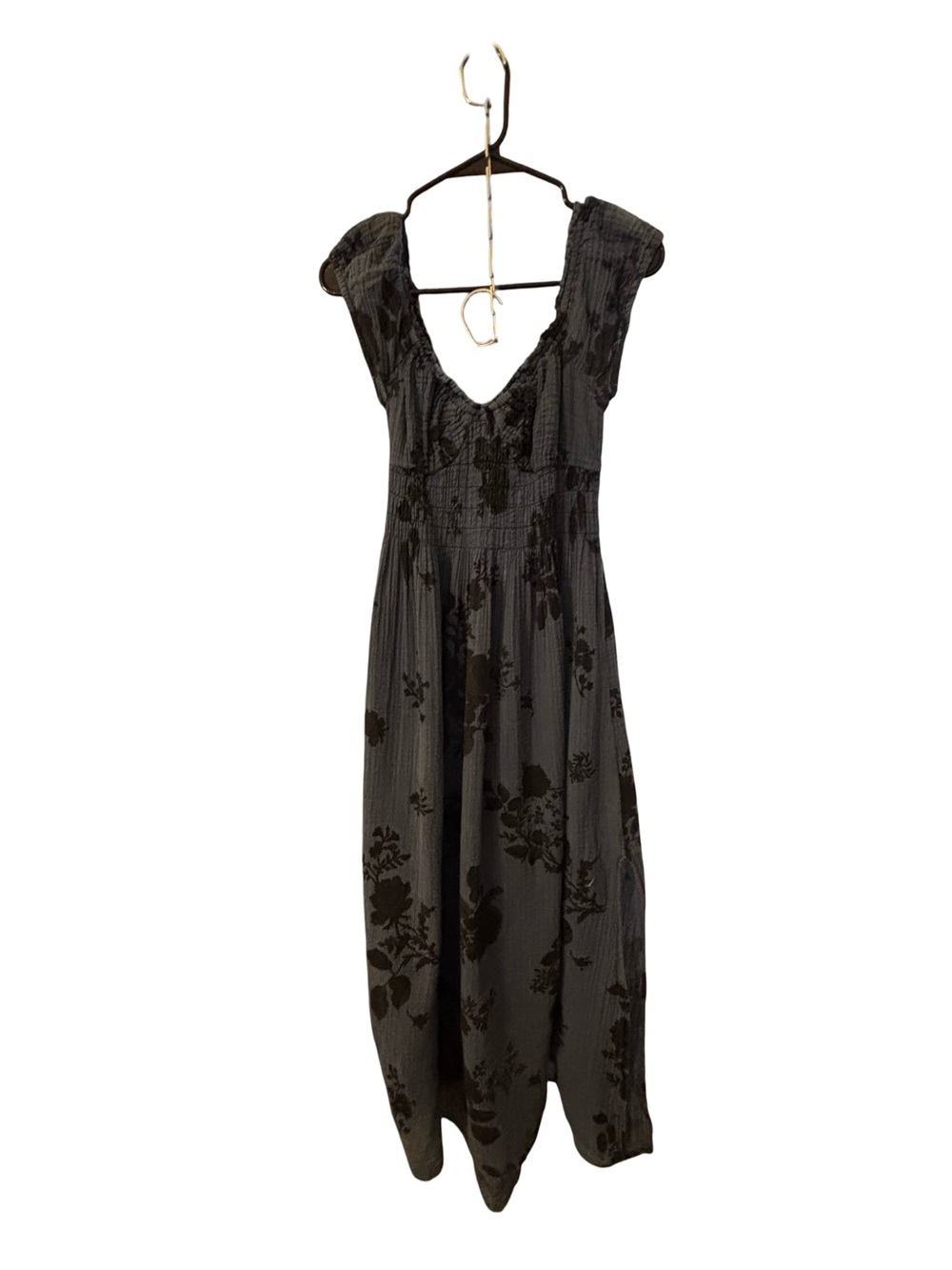 Free People Black Blue Whimsigoth Boho Cottagecore Gauze Floral Midi Dress XS